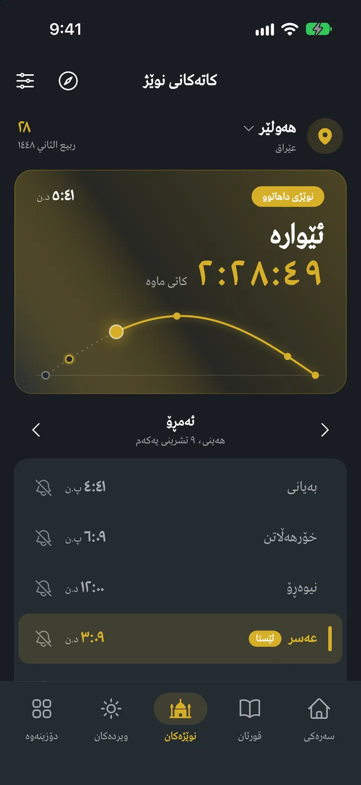قورئانی ئێکس: کاتەکانی نوێژ